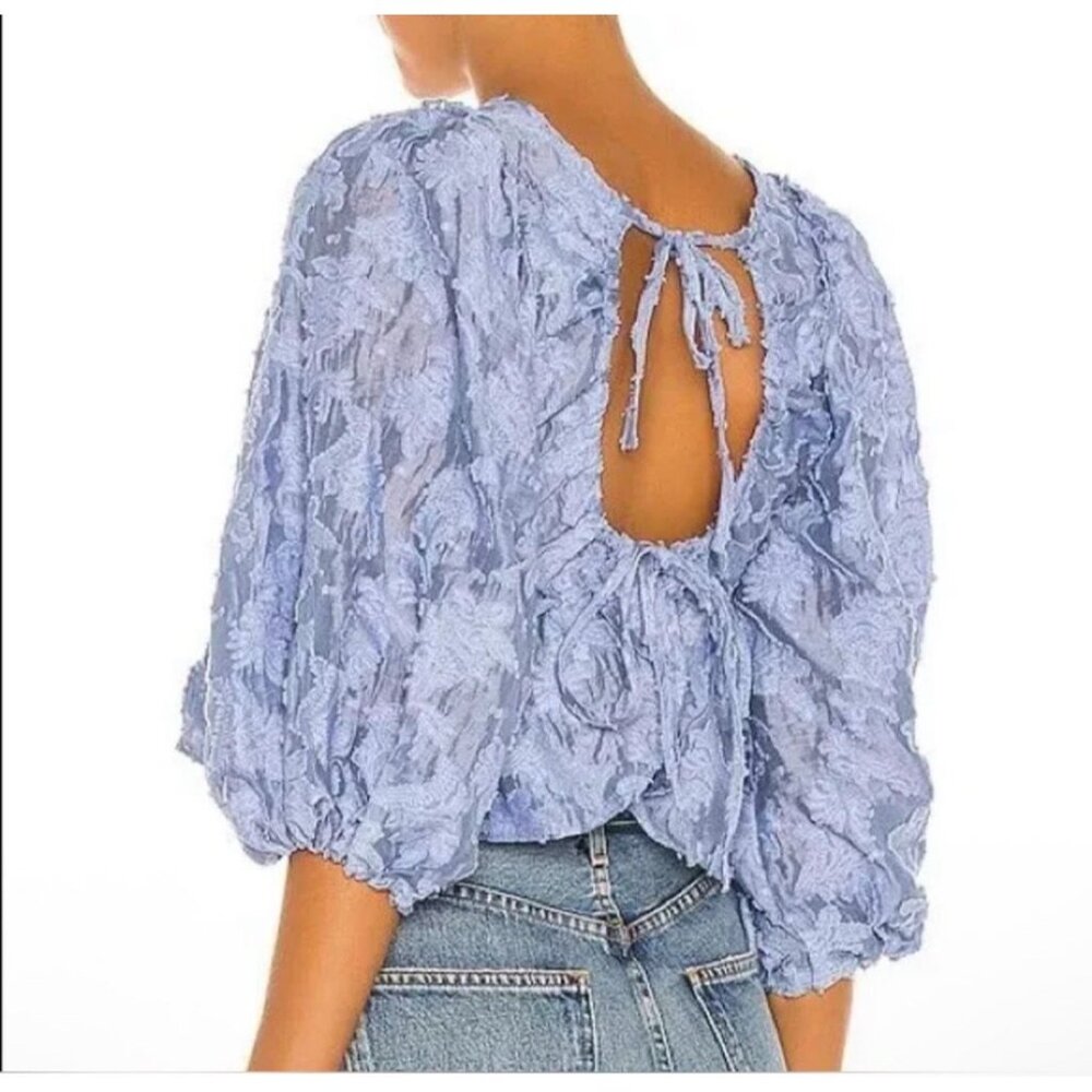 Free‎ People Callie Top Blue Moon Floral Puff Balloon Sleeve Top Size Medium